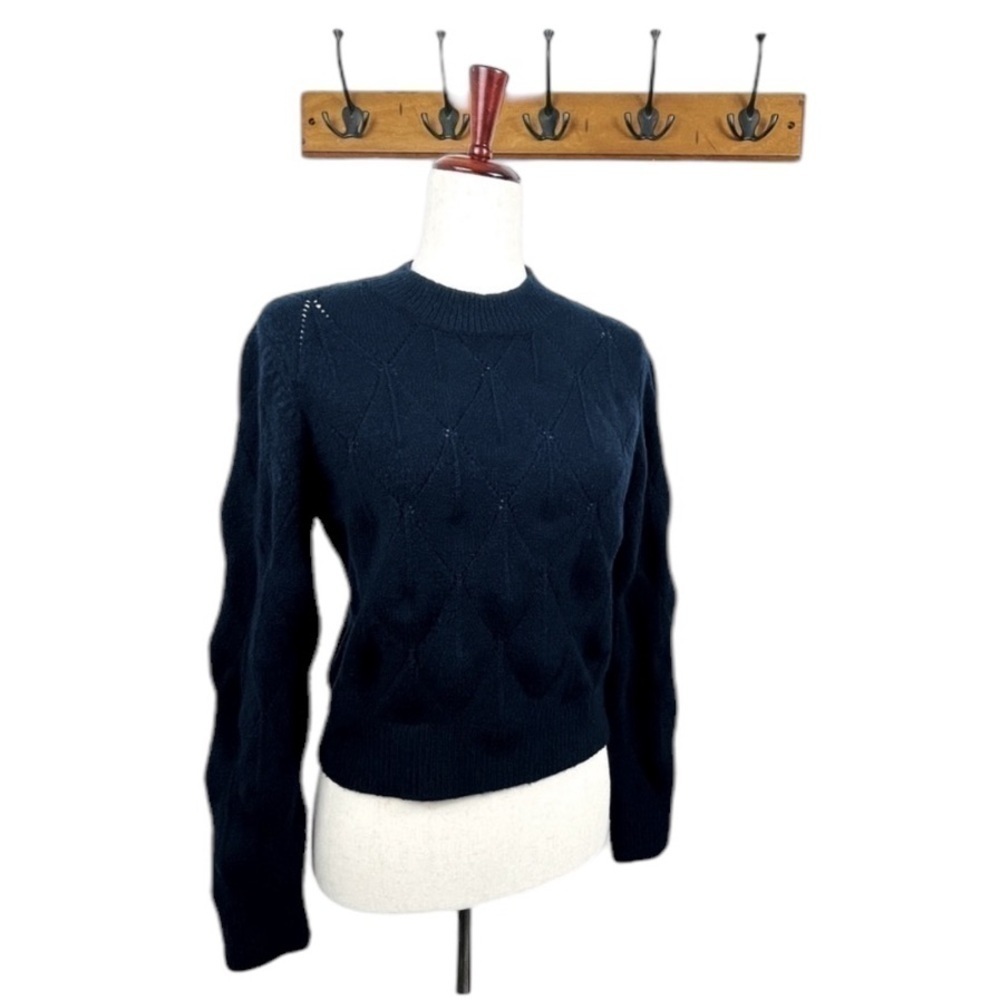 Elodie Bruno Pointelle Pullover Sweater. Diamond Pattern. Dark Blue. Small #642 - Picture 2 of 6